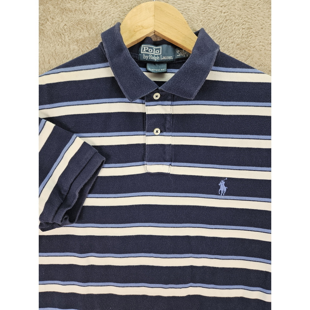 Polo by Ralph Lauren Polo Shirt Custom Fit Blue White Stripes Men's Size L Pony